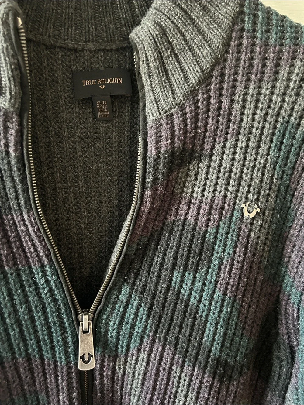 True Religion Men's Dark Gray Camo Zip Rib Knit Sweater with Purple & Teal Tones